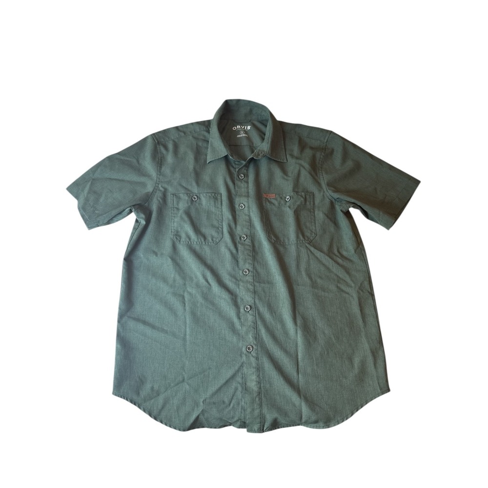 Orvis Men's Tech Chambray Button Up Work Shirt Olive Green Short Sleeve‎ Size M